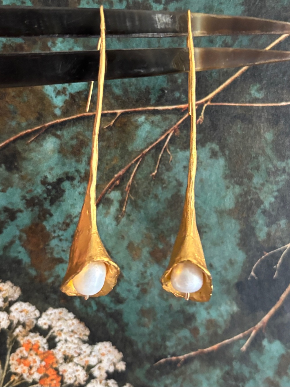 Gold and Pearl Calla Lily drop earrings